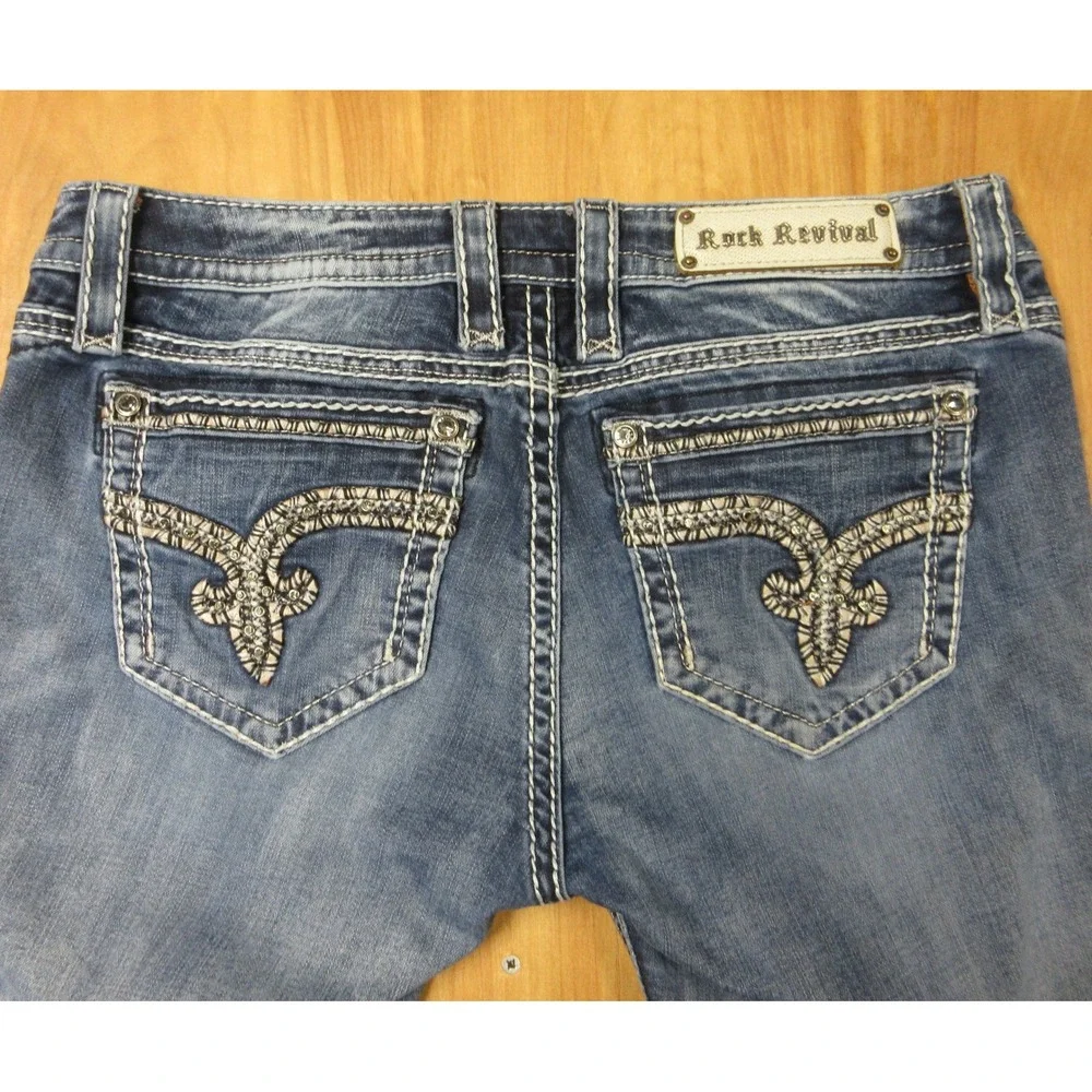 ROCK REVIVAL‎ Nancy Bootcut Jeans Womens 30 Blue Denim Fleur-de-lis Rhinestone